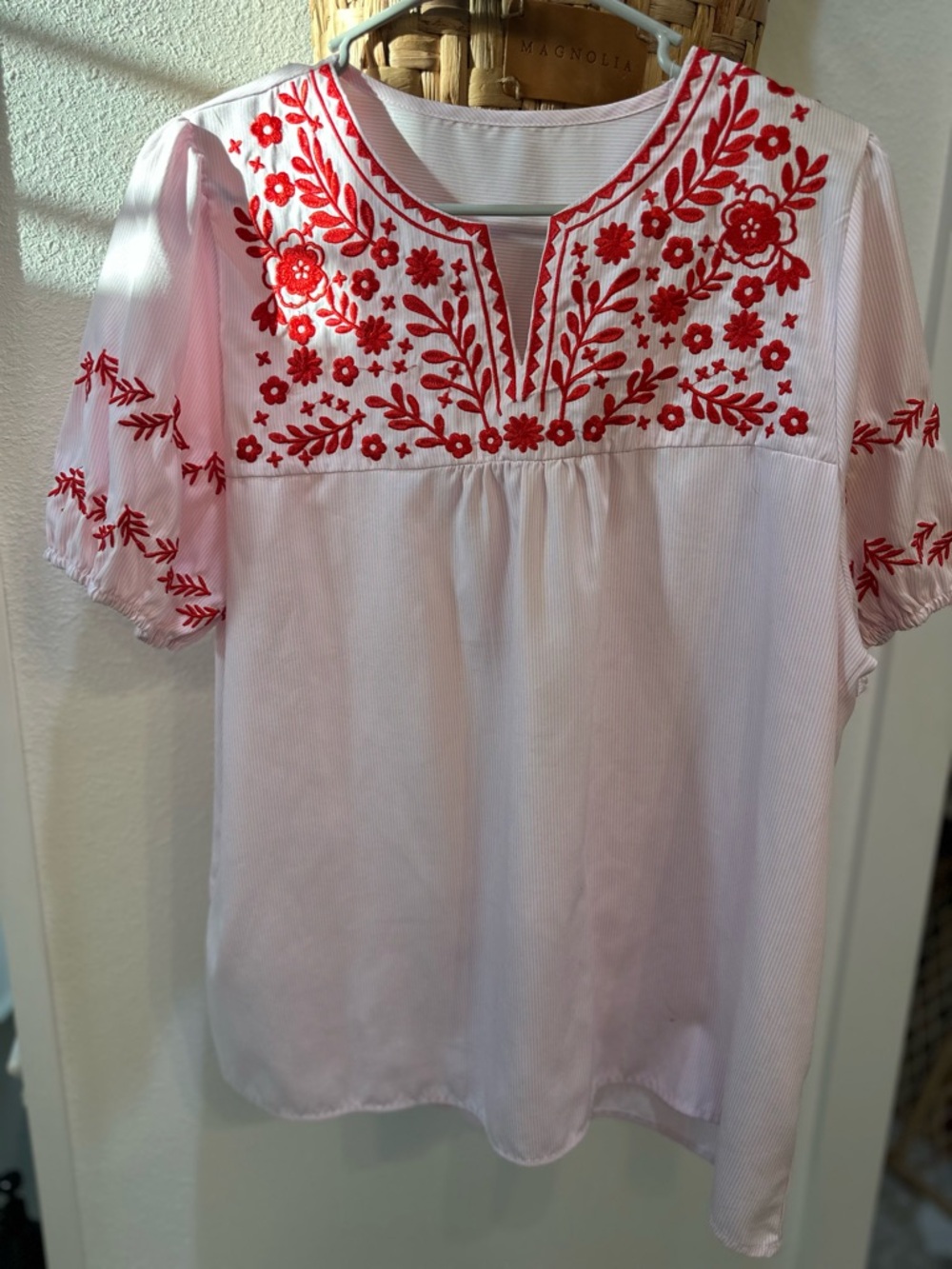 Women's pink striped Blouse with Red Floral Embroidery